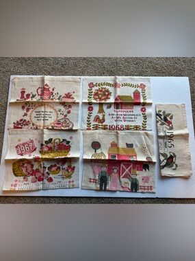 Vintage Lot Of 5 Hanging 1960’s Calendar Tea Towels 1965(2), 1966, 1967, 1968